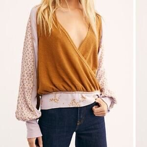 Free People Auxton Pink and Mustard Yellow Thermal Long Sleeve Wrap Top XS